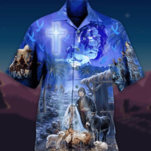 Lion With Jesus Was Born In Farm Blue Hawaiian Shirt  - Gift Men Women Days