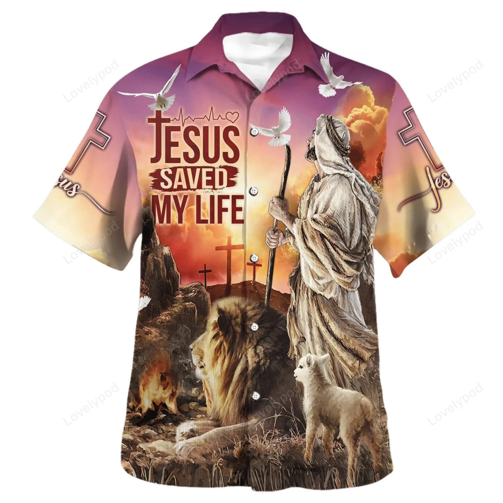 Jesus Saved My Life With The Lamb And Lion Hawaiian Shirt – Christian Hawaiian Shirt – Religious Hawaiian Shirts Jesus Saved My Life With The Lamb And Lion Hawaiian Shirt – Christian Hawaiian Shirt – Religious Hawaiian Shirts
