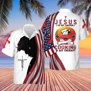 American Flags Cross 4th Of July Independence Day Jesus Is My Savior Cooking Is My Therapy Hawaiian Shirt