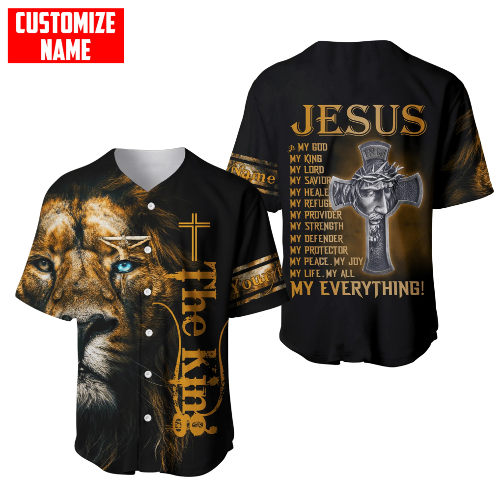 Custom Personalized Jesus Baseball Jersey – Cross & Lion Design – Perfect Gift for Christians – My God My King Apparel Custom Personalized Jesus Baseball Jersey – Cross & Lion Design – Perfect Gift for Christians – My God My King Apparel