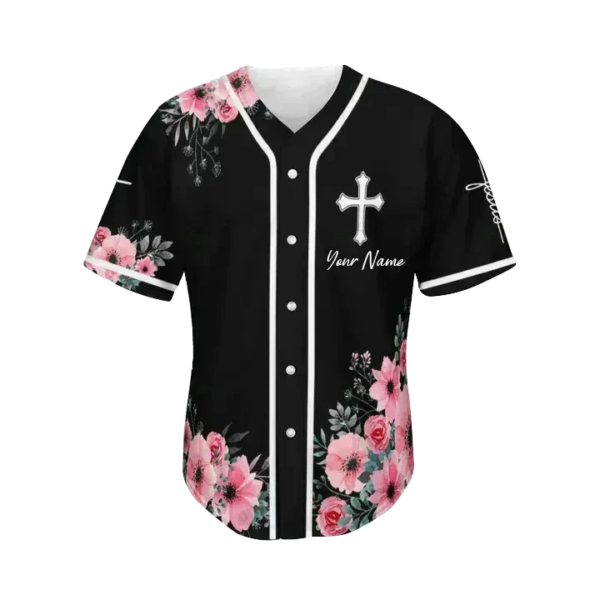 Customized Jesus Baseball Jersey – Faithful Cross & God Flower Design – Perfect Gift for Christians