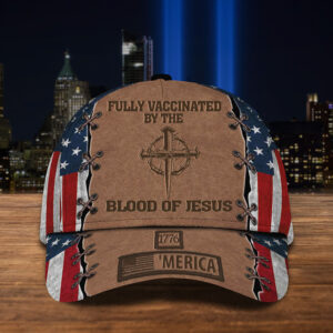 Fully Vaccinated By The Blood Of Jesus American Flag Hat Christian Faith Hats For Dad 1