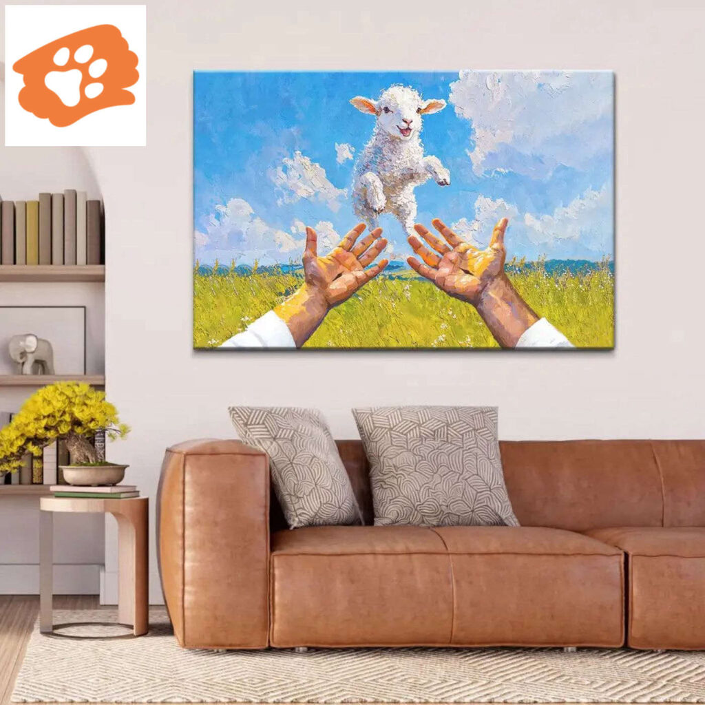 A Lamb Jumps Into Jesus’ Arms Christian Wall Art Canvas A Lamb Jumps Into Jesus’ Arms Christian Wall Art Canvas