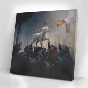 A Lost Lamb Walking Over Wolves To Get To Jesus Wall Art Canvas 1