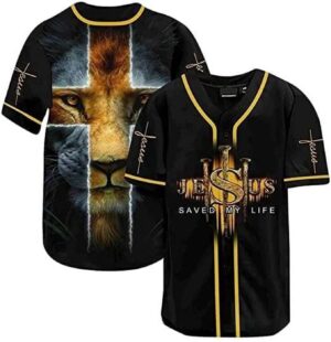Amazing Lion Cross - Jesus Saved My Life Black Baseball Tee Jersey Shirt Printed 3D - Gift Men Women