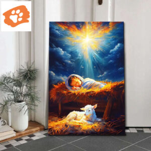 Baby Jesus With A Lamb, Baby Jesus In The Manger, Wall Art Canvas