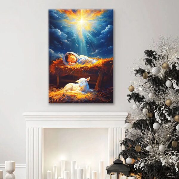Baby Jesus With A Lamb, Baby Jesus In The Manger, Wall Art Canvas