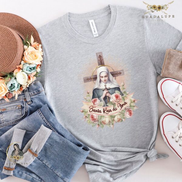 Catholic Unique Gifts: Santa Rosa De Lima & Jesus T-shirts Vintage Floral Devotional & Saints Gifts