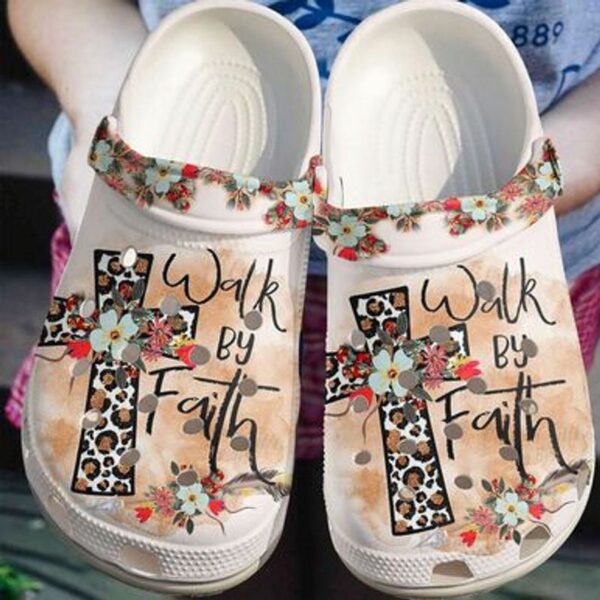 Walk By Faith Floral Jesus Cross Clogs: Christian Women s Croc Shoe Embracing Faith Over FearClog