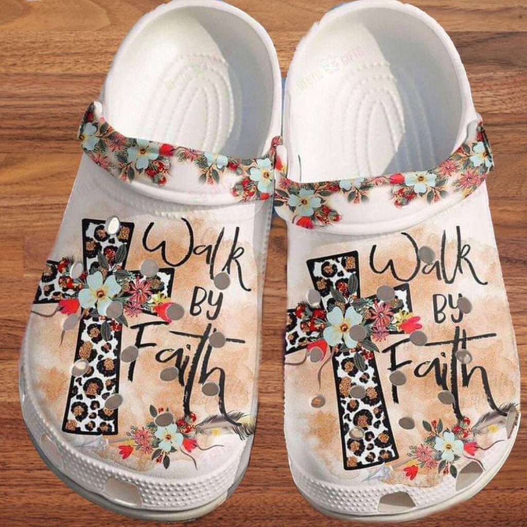 Walk By Faith in Unisex Croc Shoes – Christian Cross & Flower DesignClog Walk By Faith in Unisex Croc Shoes – Christian Cross & Flower DesignClog