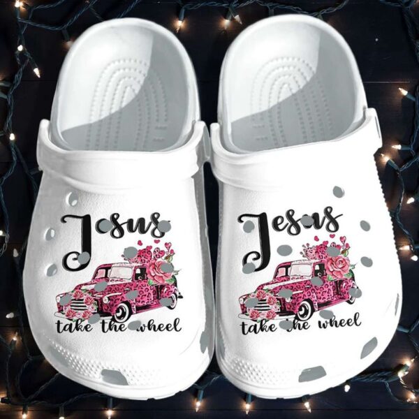 Croc Clog Shoes: Jesus Take The Wheel! Leopard Pattern Water Shoes with Jesus Christ FlowersClog