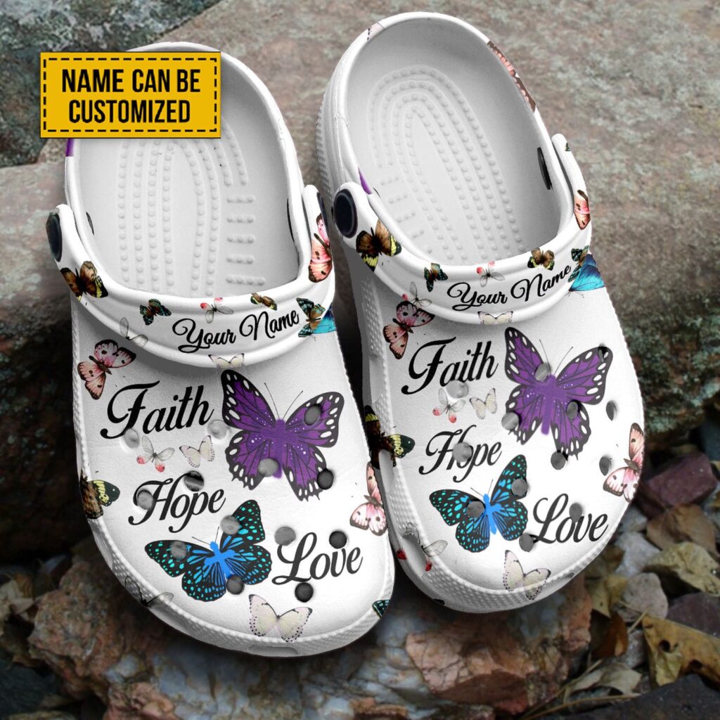 Customized Faith Hope Love Butterfly & Cross Clogs – Perfect Gift for Jesus & Butterfly Lovers Customized Faith Hope Love Butterfly & Cross Clogs – Perfect Gift for Jesus & Butterfly Lovers