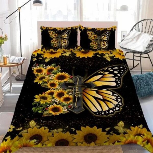 Faith Jesus Christ Butterfly Sunflower Quilt Bedding Set Gift 2