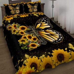 Faith Jesus Christ Butterfly Sunflower Quilt Bedding Set Gift