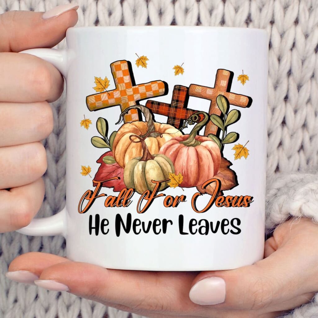 Fall for Jesus He Never Leaves Pumpkin Cross Coffee Mug Fall for Jesus He Never Leaves Pumpkin Cross Coffee Mug