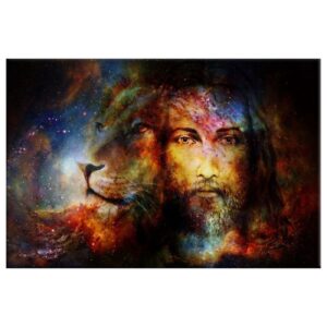 Jesus Christ With a Lion Of Judah in Cosmic Space Wall Art Canvas 1