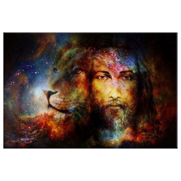 Jesus Christ With a Lion Of Judah in Cosmic Space Wall Art Canvas