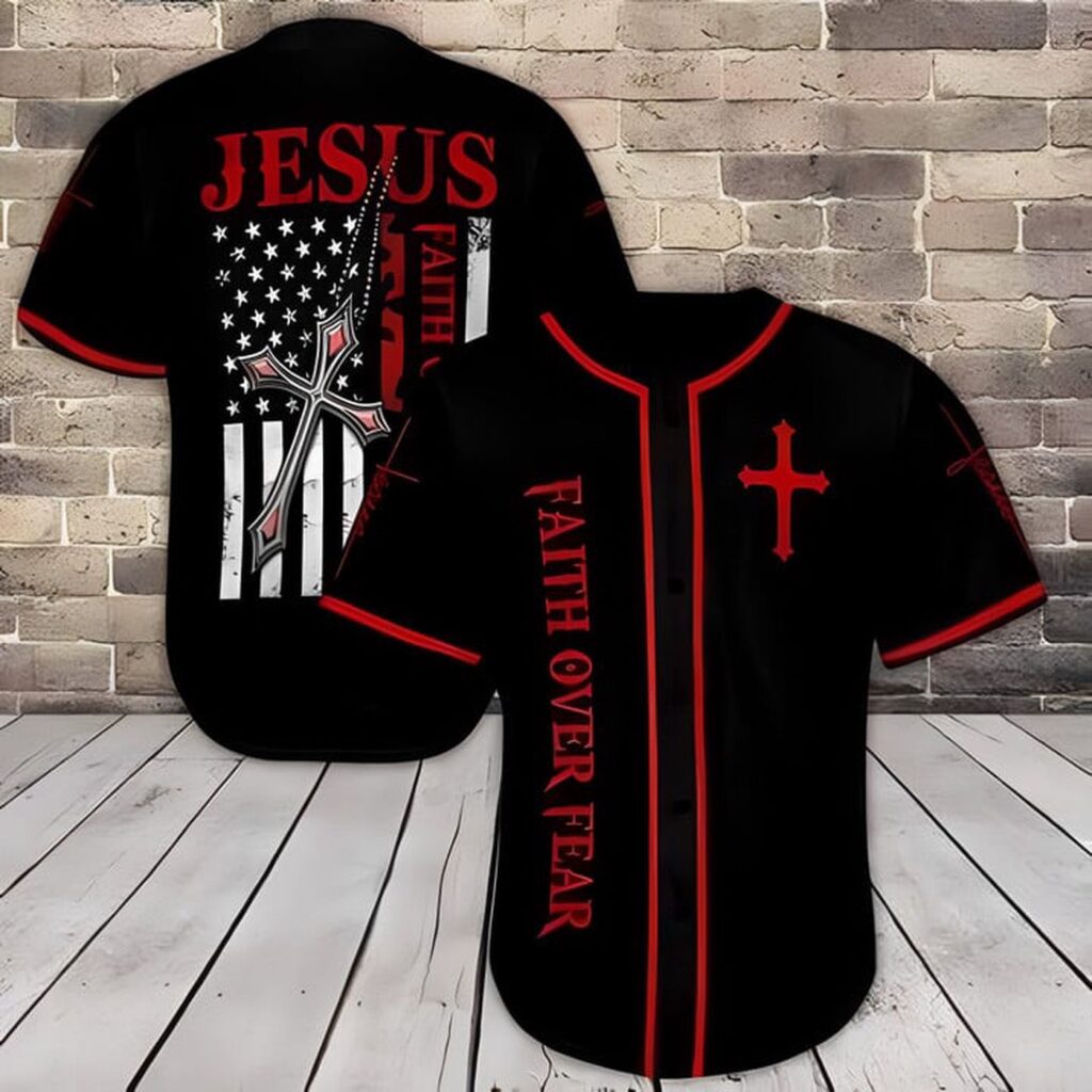 Jesus Faith Over Fear Black Red Baseball Jersey For God – Gift Men Women Jesus Faith Over Fear Black Red Baseball Jersey For God – Gift Men Women