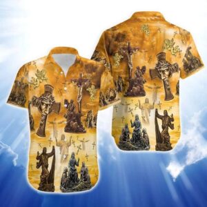 Jesus Hawaiian Shirt Bronze Jesus Cross Statue Yellow Hawaii Shirt Jesus Aloha Shirt 2025