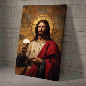 Jesus Holding the Chalice and Eucharist In Renaissance Style Wall Art Painting Canvas and Poster