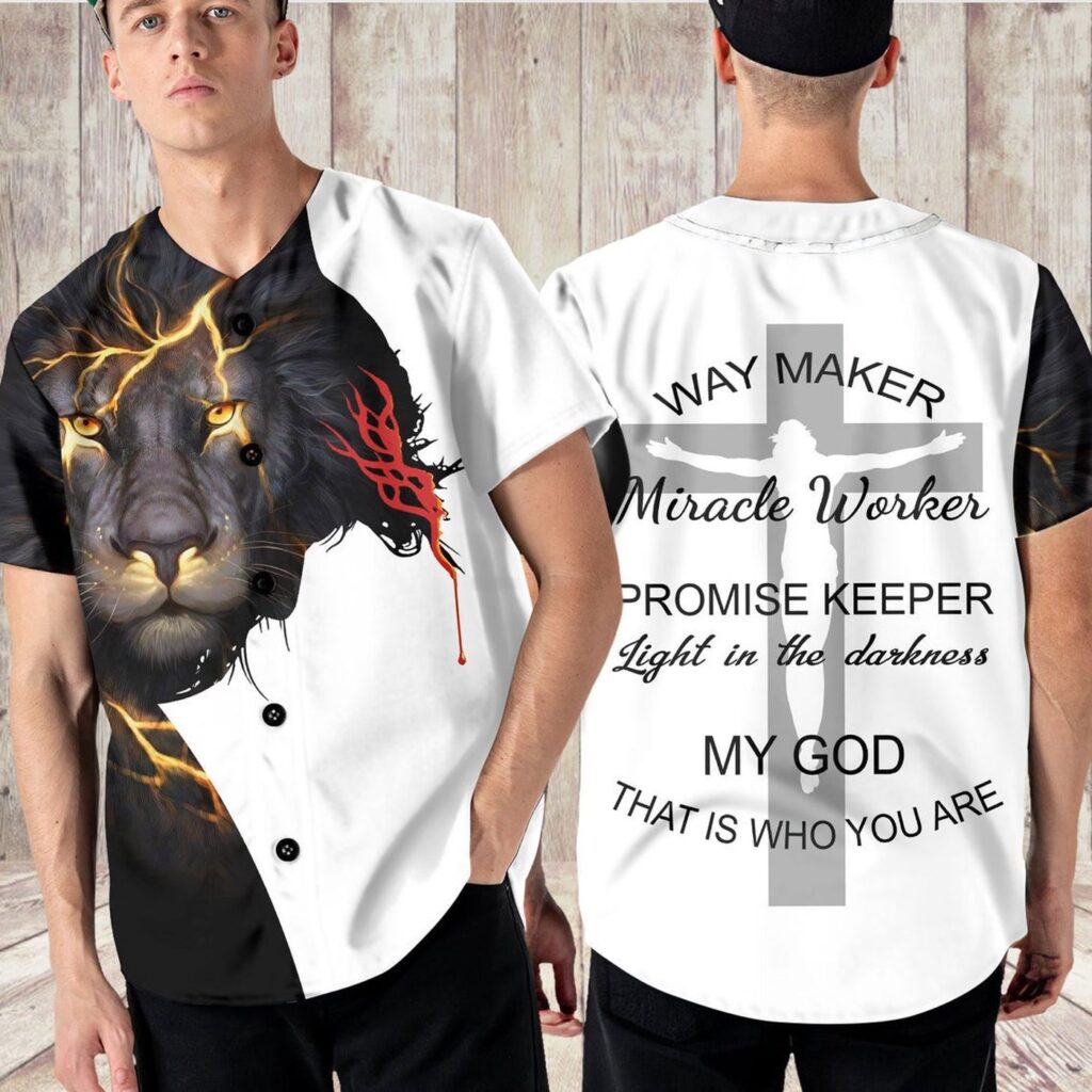 Jesus Lion Way Maker Miracle Worker Baseball Tee Jersey Shirt Printed 3D – – Gift Men Women Jesus Lion Way Maker Miracle Worker Baseball Tee Jersey Shirt Printed 3D – – Gift Men Women