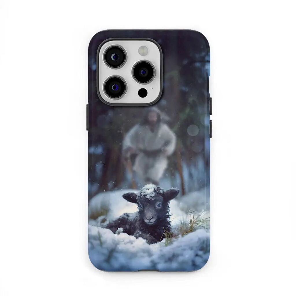Jesus Running to Rescue a Lost Sheep in a Snowy Forest Phone Case Jesus Running to Rescue a Lost Sheep in a Snowy Forest Phone Case
