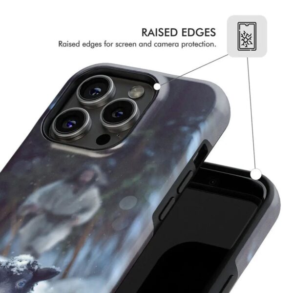 Jesus Running to Rescue a Lost Sheep in a Snowy Forest Phone Case