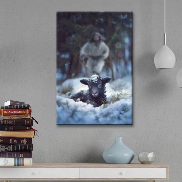 Jesus Running to Rescue a Lost Sheep in a Snowy Forest Wall Art Canvas