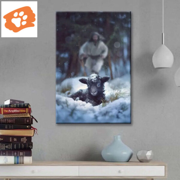 Jesus Running to Rescue a Lost Sheep in a Snowy Forest Wall Art Canvas