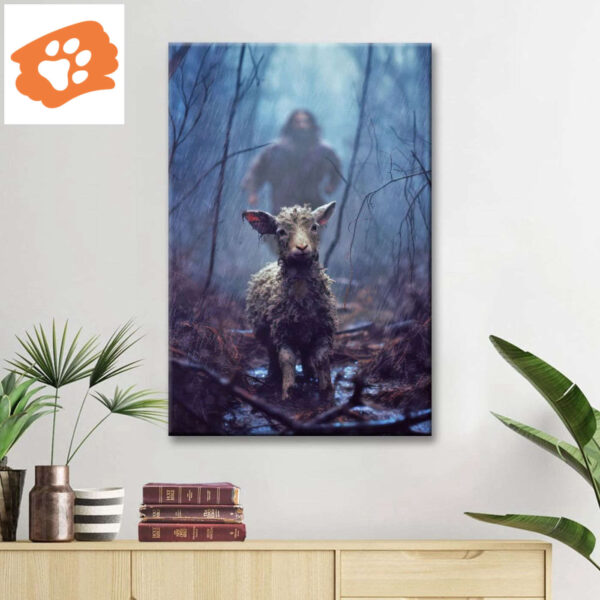 Jesus Running Toward a Lost Lamb in a Dark Rainy Forest Wall Art Canvas
