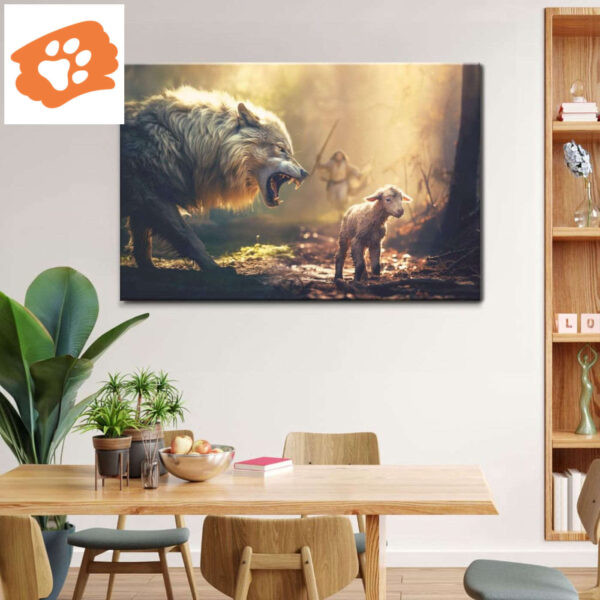 Jesus Running Towards Wolf and Lamb Wall Art Canvas