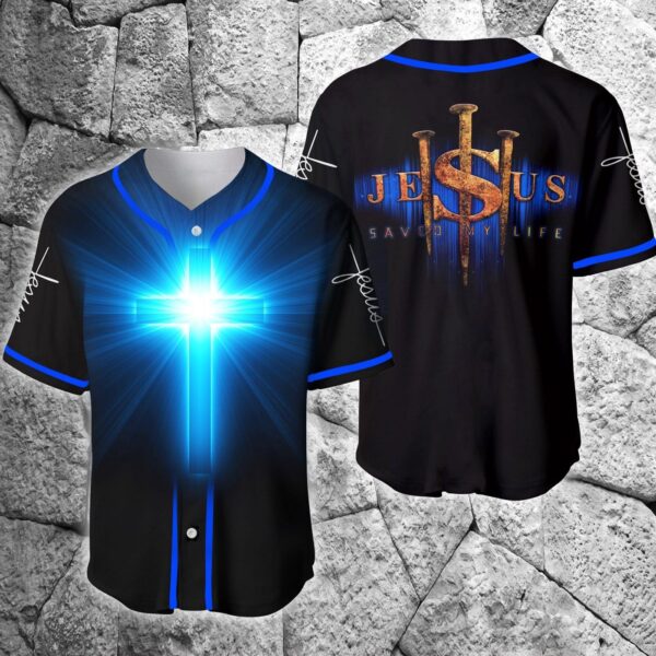 Jesus Saved My Life Blue Light Cross Baseball Jersey – Gift Men Women