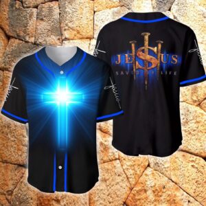 Jesus Saved My Life Blue Light Cross Baseball Jersey - Gift Men Women