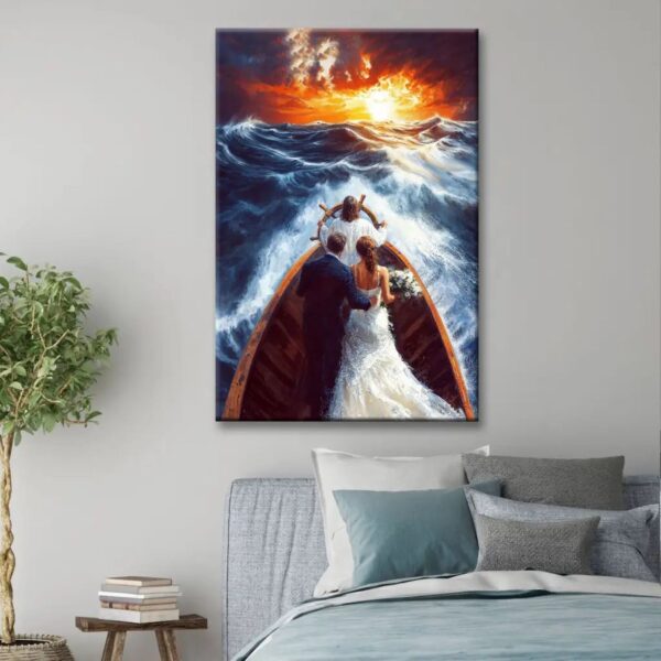 Jesus Taking the Wheel Guiding a Married Couple Through Storms – Christian Wall Art Canvas
