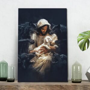 Jesus, The Good Shepherd, Protecting His Lamb From The Wolves, Wall Art Canvas Print 1