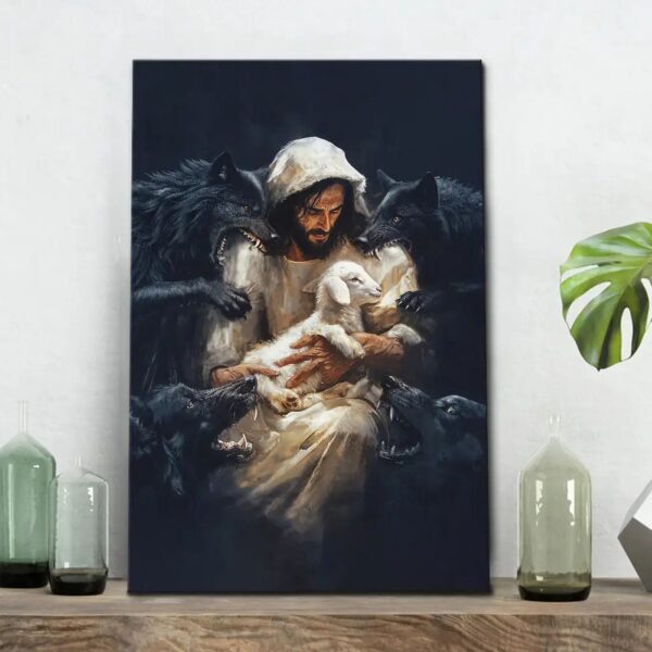 Jesus, The Good Shepherd, Protecting His Lamb From The Wolves, Wall Art Canvas Print