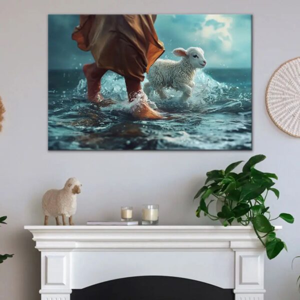 Jesus Walk On Water With A Lamb, Jesus And Lamb, Wall Art Canvas