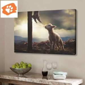 Lamb Looking Up at Feet of Jesus Wall Art Canvas