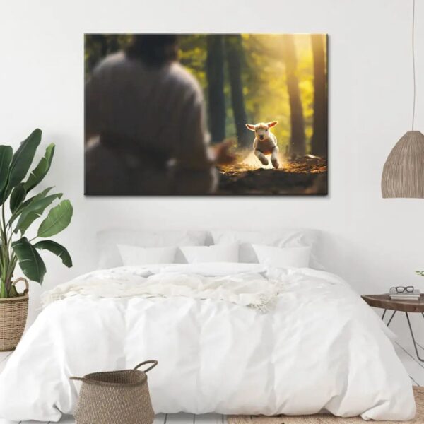 Lamb Running To Jesus In The Forest Wall Art Canvas