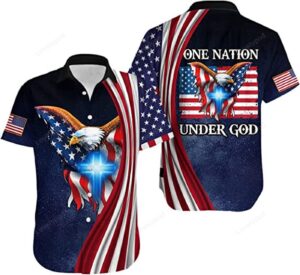 One Nation Under God American Eagle Shirts for Men- Patriotic Jesus Flag 1776 Button Up Short Sleeve Men's Hawaiian 1