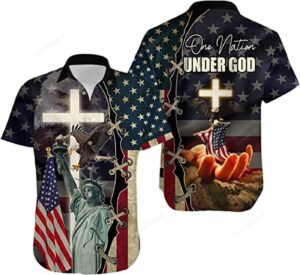 One Nation Under God American Eagle Shirts for Men- Patriotic Jesus Flag 1776 Button Up Short Sleeve Men's Hawaiian