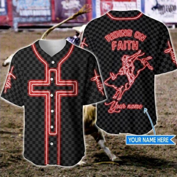 Personalized Custom Name Bull Riding On Faith Jesus Baseball Tee Jersey Shirt Printed 3D – Gift Men Women