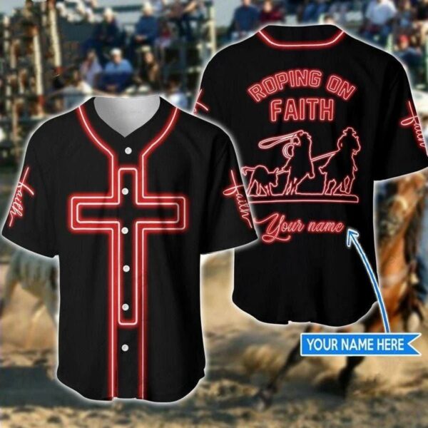 Custom Printed Jesus Baseball Jersey – Cross Design – Ideal Gift for Christians – Roping On Faith Shirt