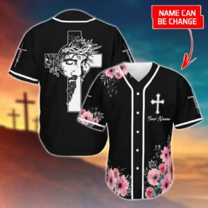 Customized Jesus Baseball Jersey - Faithful Cross & God Flower Design - Perfect Gift for Christians