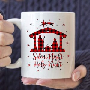 Silent Night Holy Night, Buffalo Plaid, Christian Christmas Coffee Mug