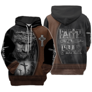 Faith Over Fear Brown Leather Jesus Hoodie - Christian Adult Grey T-shirt 1