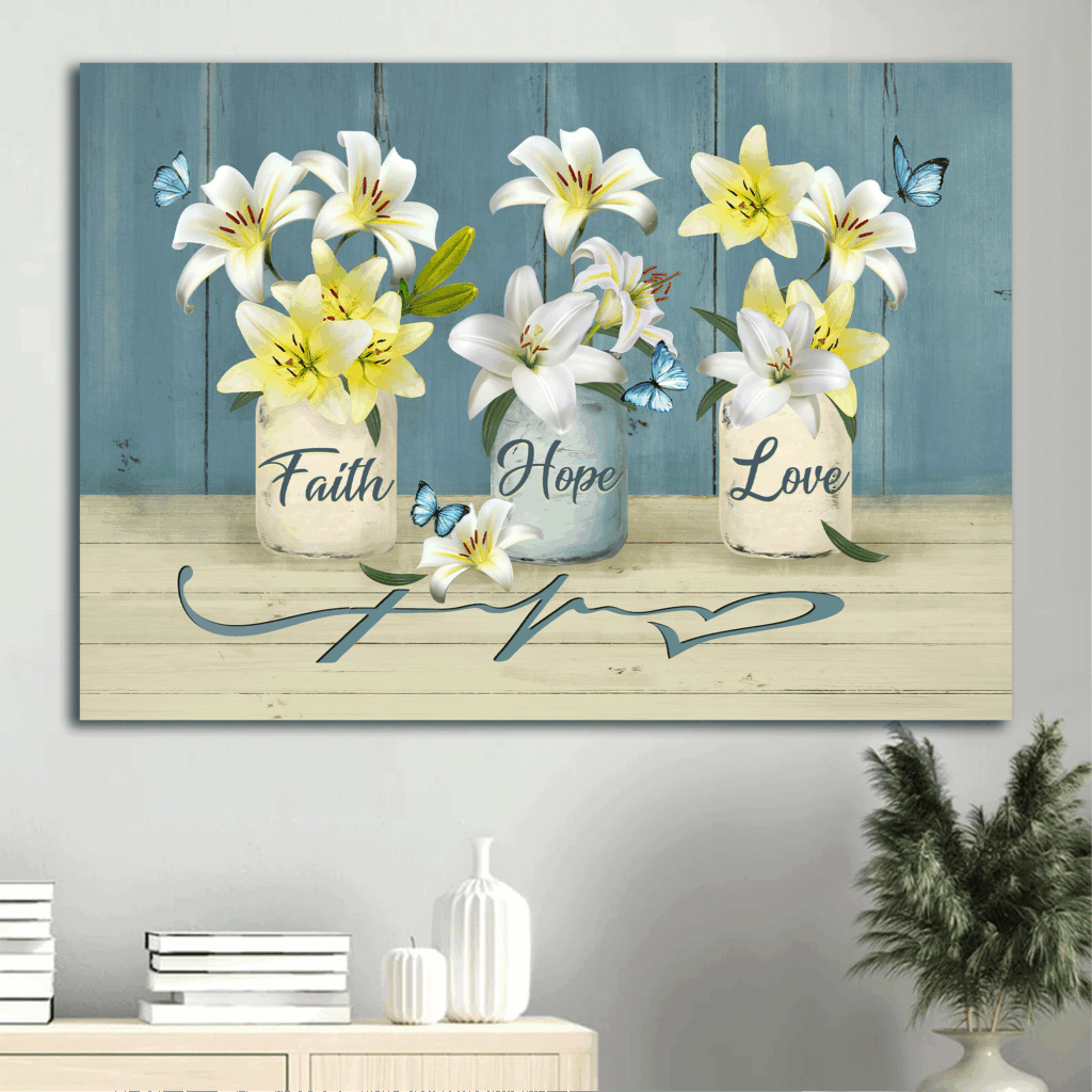 Christian Home Decor Gift – Jesus Landscape & White Lily Blue Butterfly Poster – Faith Hope Love Christian Home Decor Gift – Jesus Landscape & White Lily Blue Butterfly Poster – Faith Hope Love