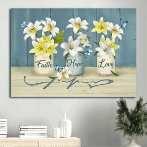 Christian Home Decor Gift - Jesus Landscape & White Lily Blue Butterfly Poster - Faith Hope Love