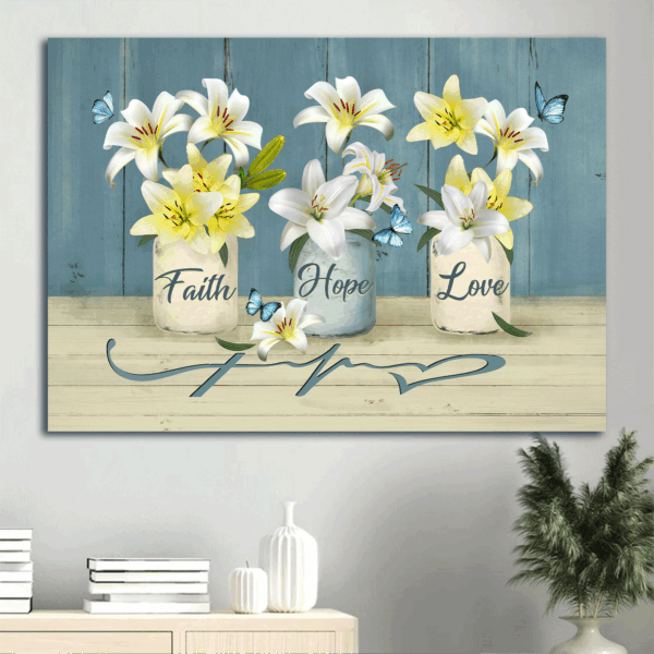 Christian Home Decor Gift – Jesus Landscape & White Lily Blue Butterfly Poster – Faith Hope Love