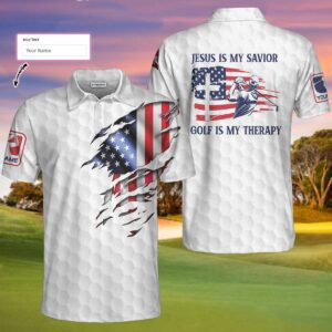 Personalized Jesus Men Polo Shirt Jesus Is My Savior Golf Is My Therapy Custom Polo Shirt American Flag Golf Shirt for Good Christians